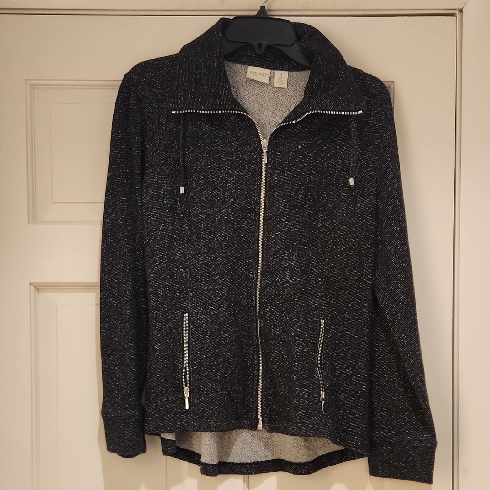 Zenergy By Chico's Women’s Black Heather Zip-Front Jacket With Silver Details